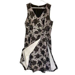 ROZ & ALI Floral Fit and Flare Midi Dress Faux Wrap Black Gray Flowers Womens 12